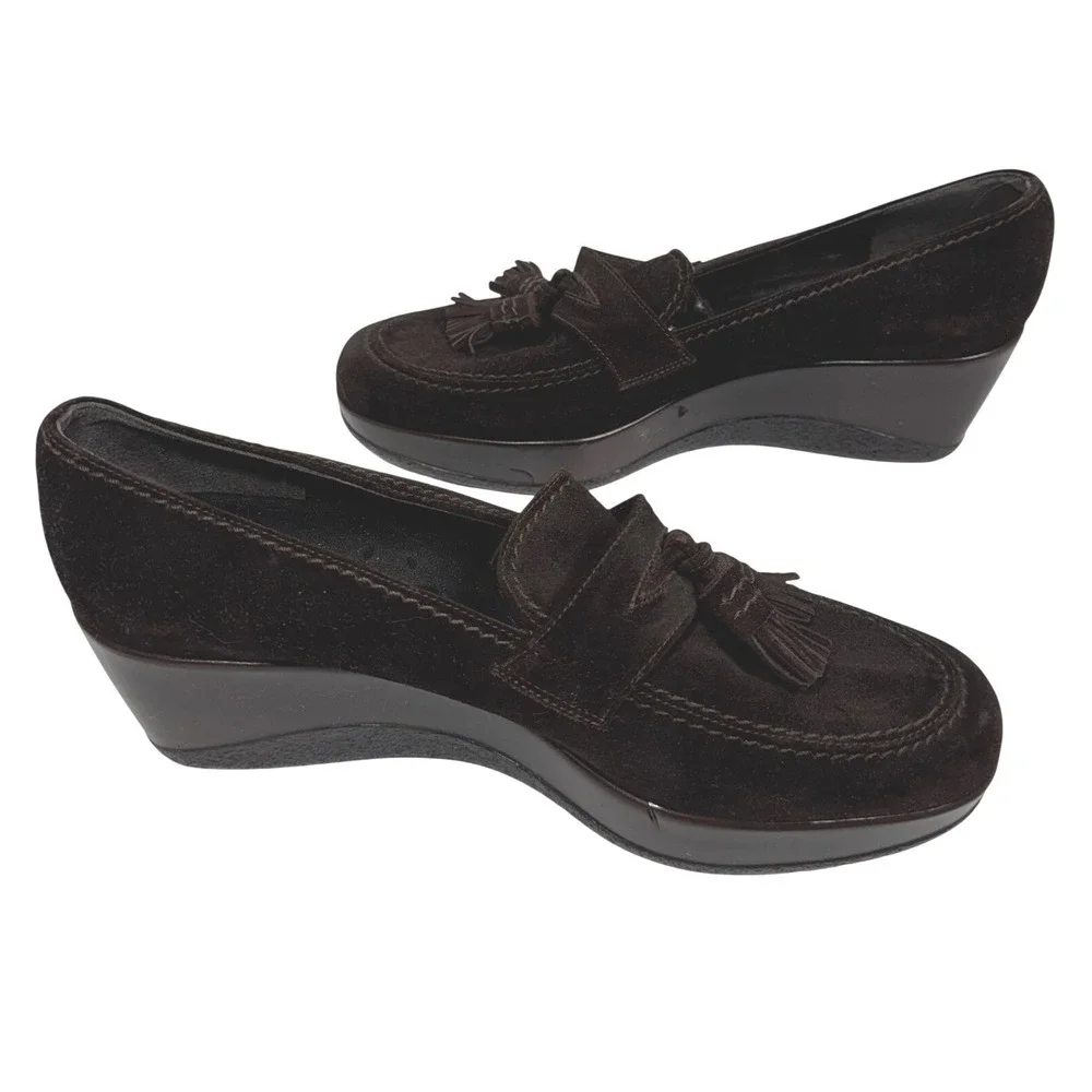 Stuart Weitzman Womens‎ Brown Suede Tassel Wedge Loafers Shoes Size 8 Spain